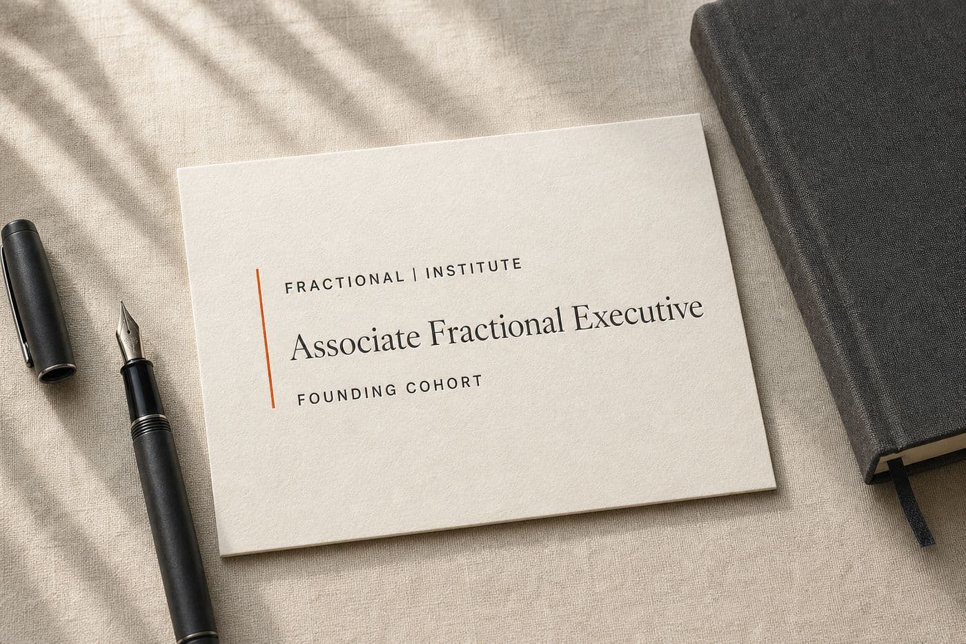 A letterpress credential card reading Fractional Institute, Associate Fractional Executive, Founding Cohort