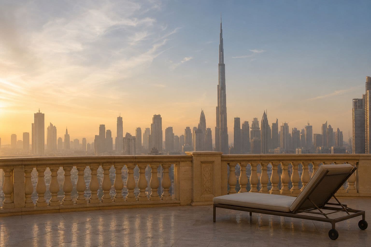 The Dubai skyline at golden hour seen from a terrace