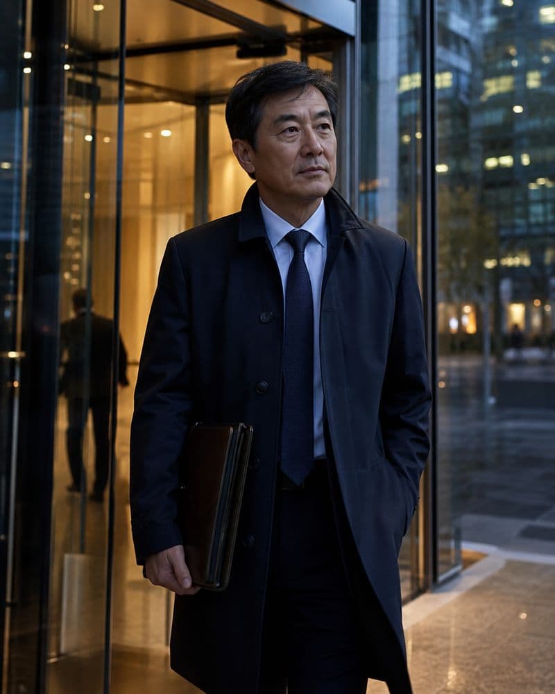 An executive leaving a corporate tower lobby