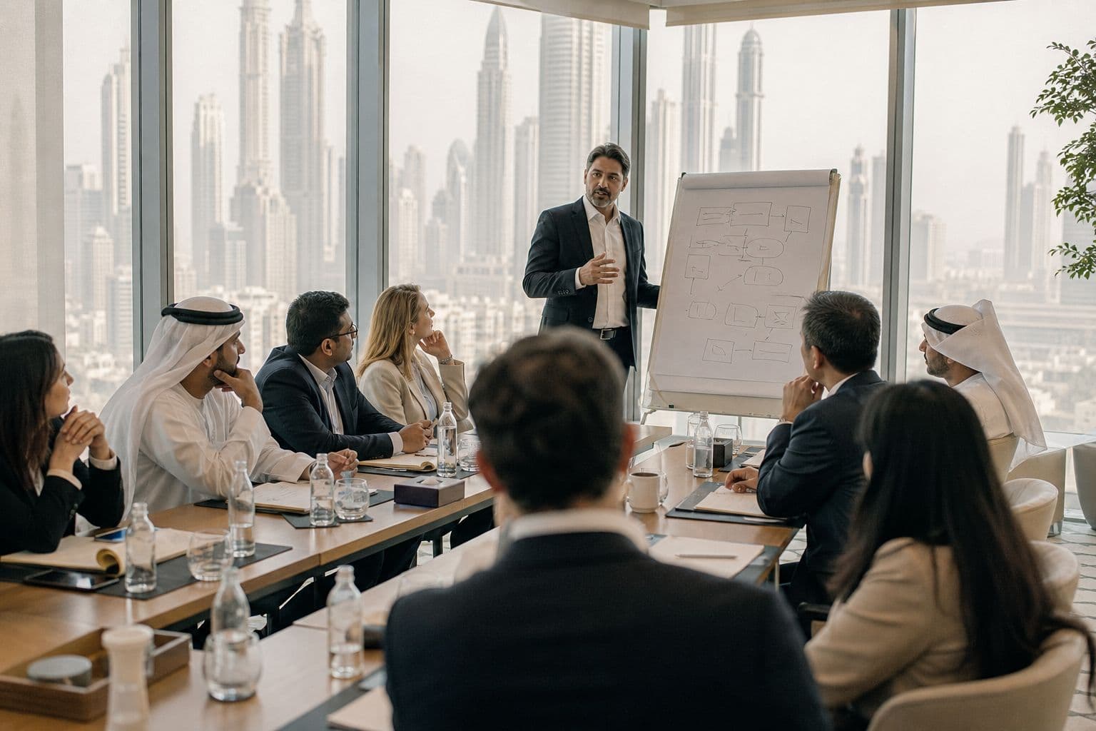 A facilitator at a flip chart with a group of senior executives, the Dubai skyline behind them
